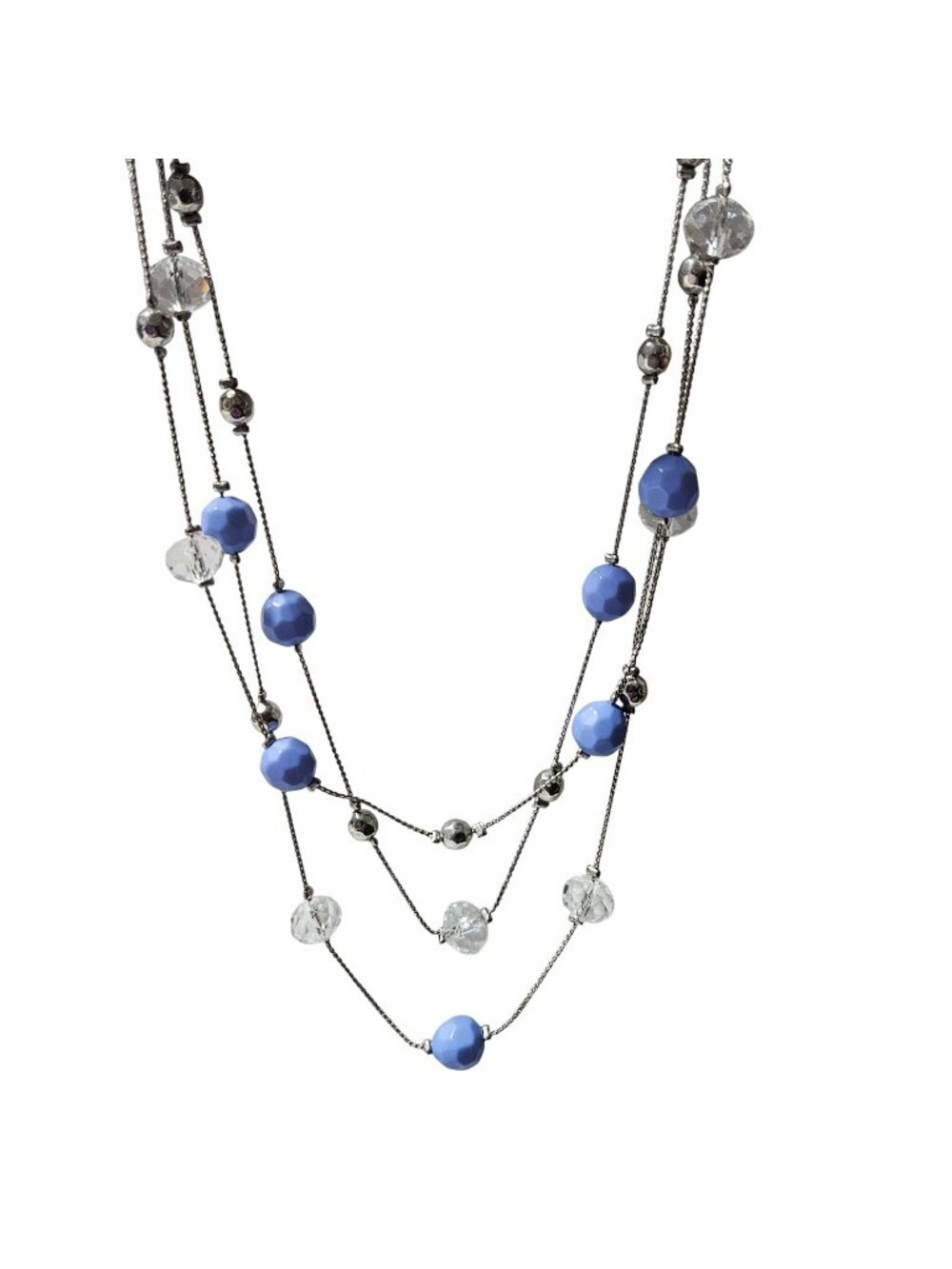 Vintage Beaded Layered Necklace Blue Clear Beads Multi Strand Fashion Jewelry